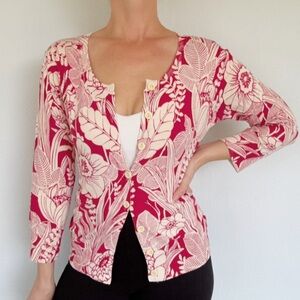 Chico’s silk pink cream floral plant print button up cardigan sweater size 1